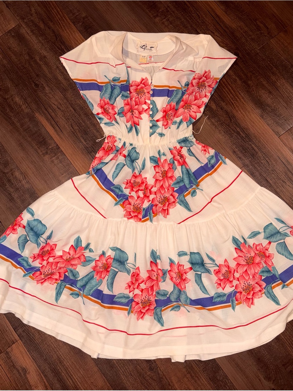 Vintage 70s Tropical Hibiscus Floral Midi Dress ILGWU USA Tie Waist Small